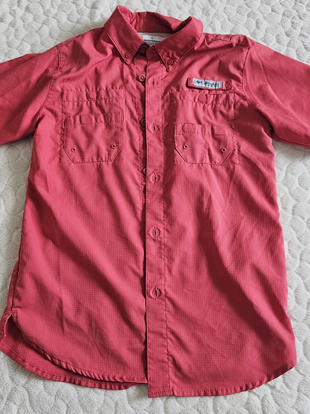 Kids Boys PFG Columbia Button-Down Short Sleeve Shirt - Coral Pink